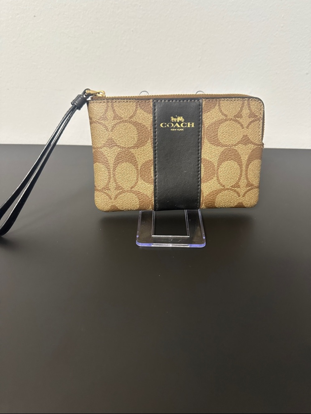 Coach Brown Signature Canvas Wristlet with Black Center Stripe